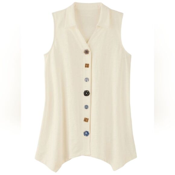 Soft‎ Surroundings Danielle Button Tank Tunic Cotton Slub Yellow Green Flowy 1X - Picture 1 of 13